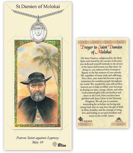 St Damien of Molokai Prayer Card with Medal